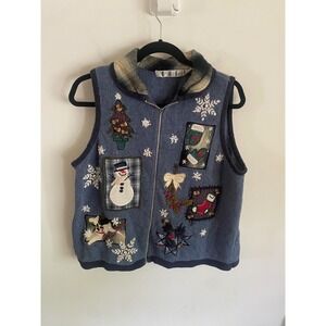 OUI Vintage Christmas Vest Blue Knit Zip Front Snowman Tree Rabbit Hair Large